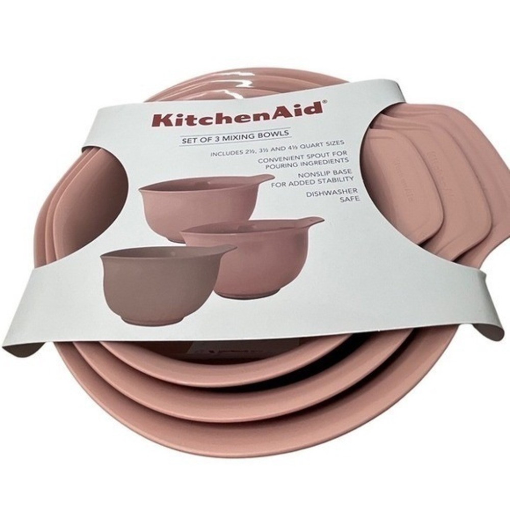 KitchenAid Mixing Bowls 3PC. Pink 2.5/3.5/4.5 Qt Sizes Non-Slip Base& Pour Spout